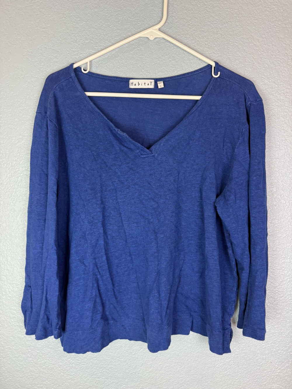 Habitat Sweater Womens Large Blue 100% Linen Lightweight Pullover Split Cuff Top